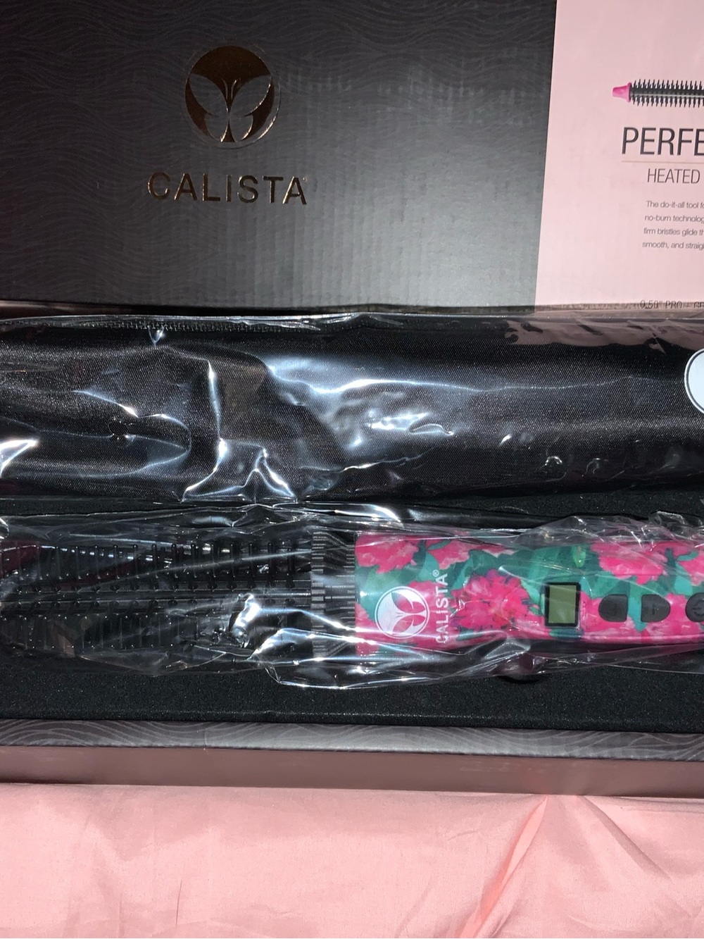 Calista Pink Floral Heated Hair Brush - Pink/Green
